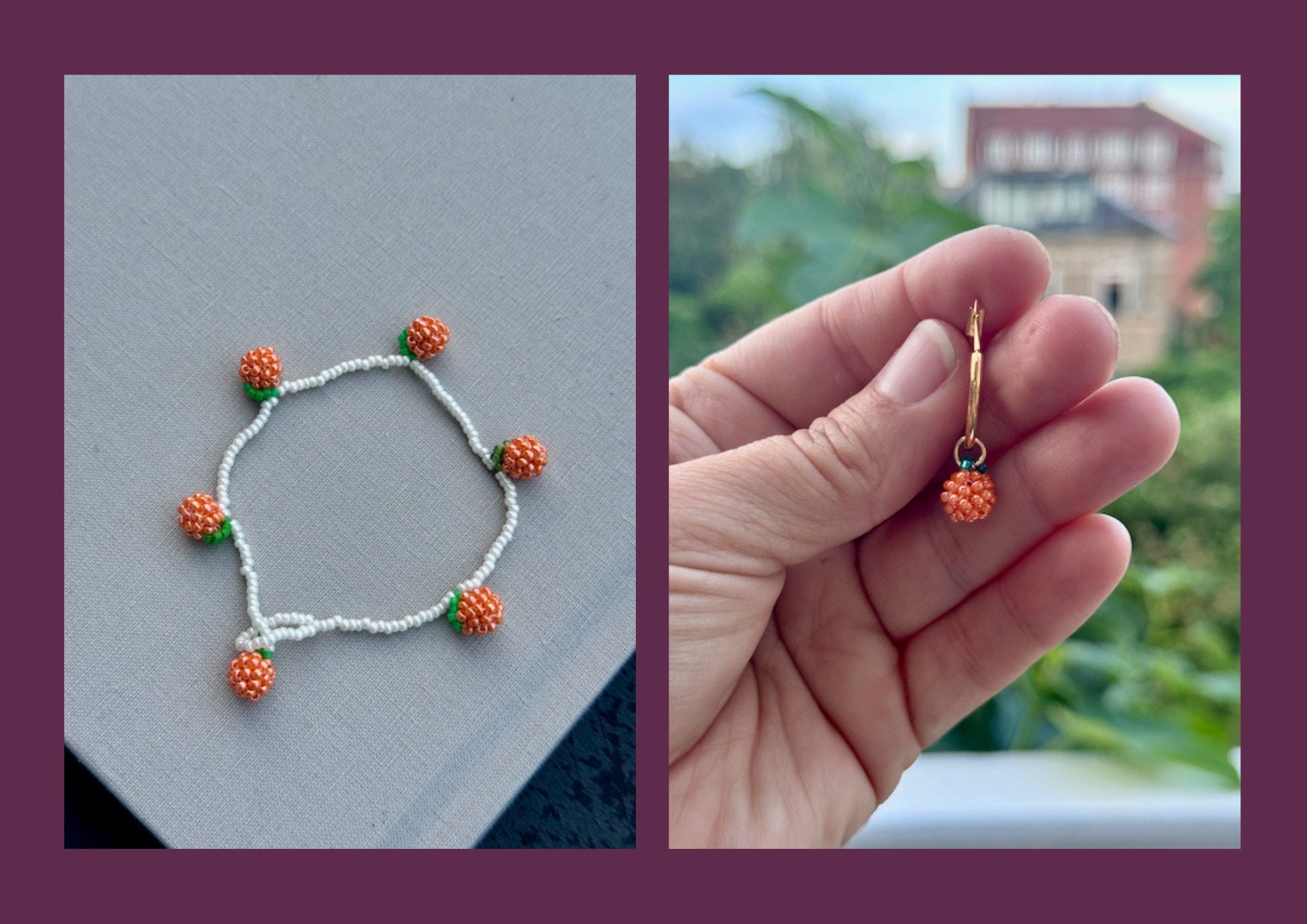 Beaded berry earings pattern (orange, cherry, raspberry, lemon) - earrings, bracelet and necklace - VERY easy visual step-by-step PDF-file